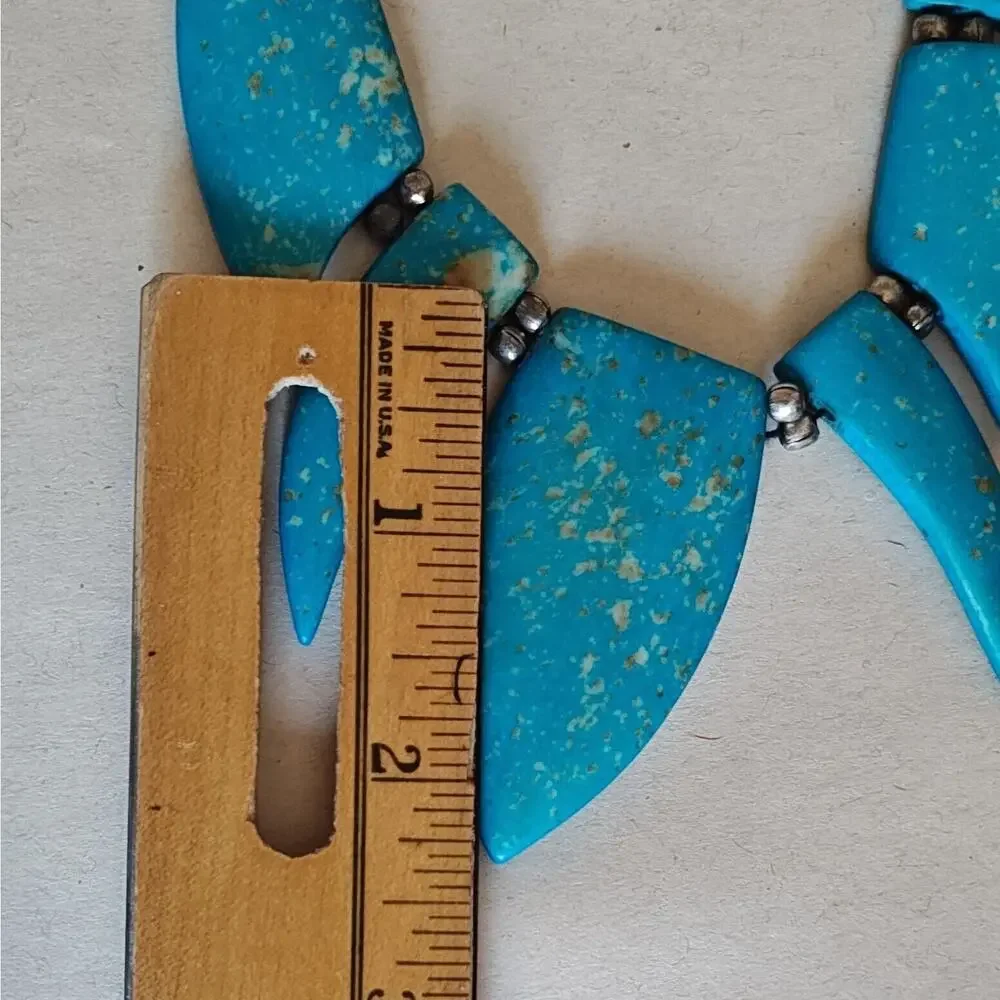 Blue Turquoise Statement Necklace Gold Art Deco Resin‎ Chunky Tribal Choker 8 in